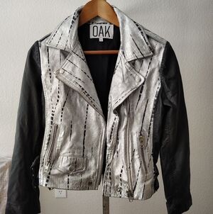 OAK Genuine Leather Black and silver metallic motorcycle riding zip up jacket S